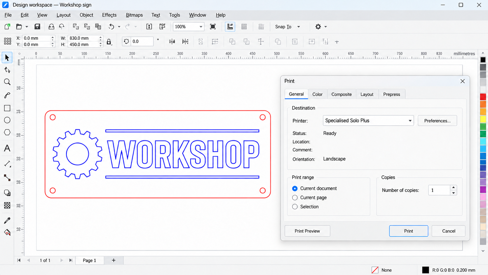 Generic design application and Print dialogue with Specialised Solo Plus selected, beside a red and blue workshop sign