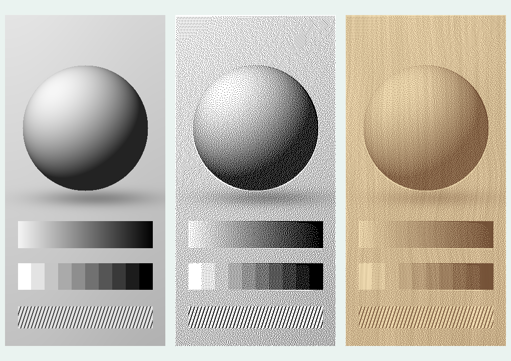 Photo Lab calibration study showing a shaded sphere and fine lines, its dithered bitmap, and a simulated engraving on birch plywood